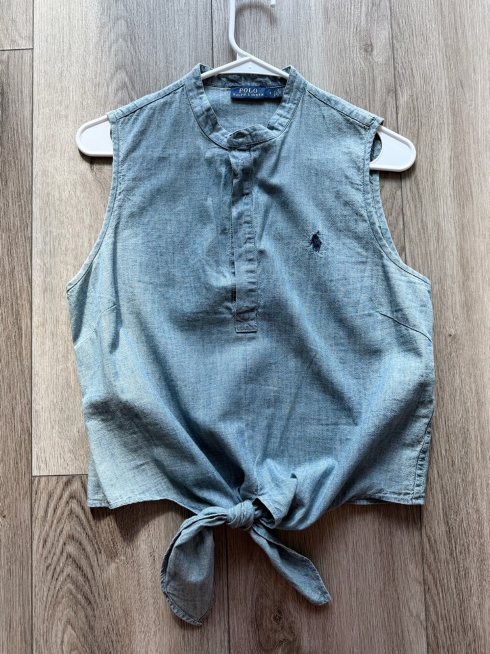 Ralph Lauren Light Blue Sleeveless Tie-Front Chambray Top